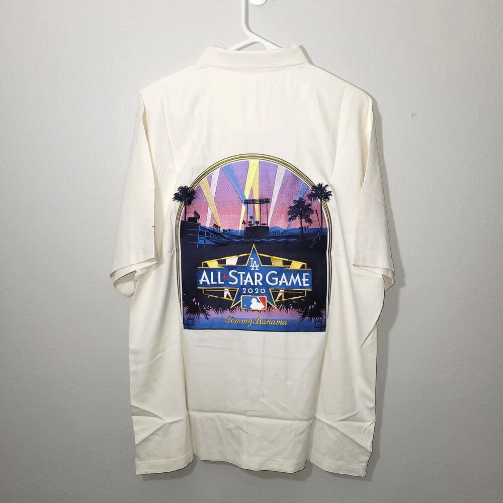 Tommy Bahama Men's MLB All Star Game 2020 Embroidered Cream Silk Shirt Size L